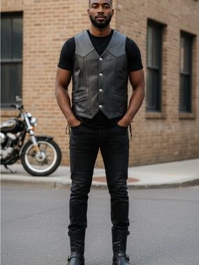 Leather Gallery Black Men's Leather Vest - Classic Motorcycle Style